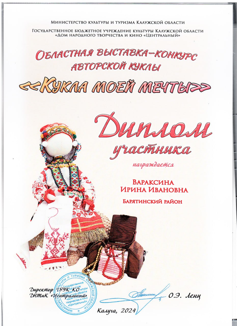 Диплом участника областной выставки-конкурса Кукла Моей мечты Вараксина И И.